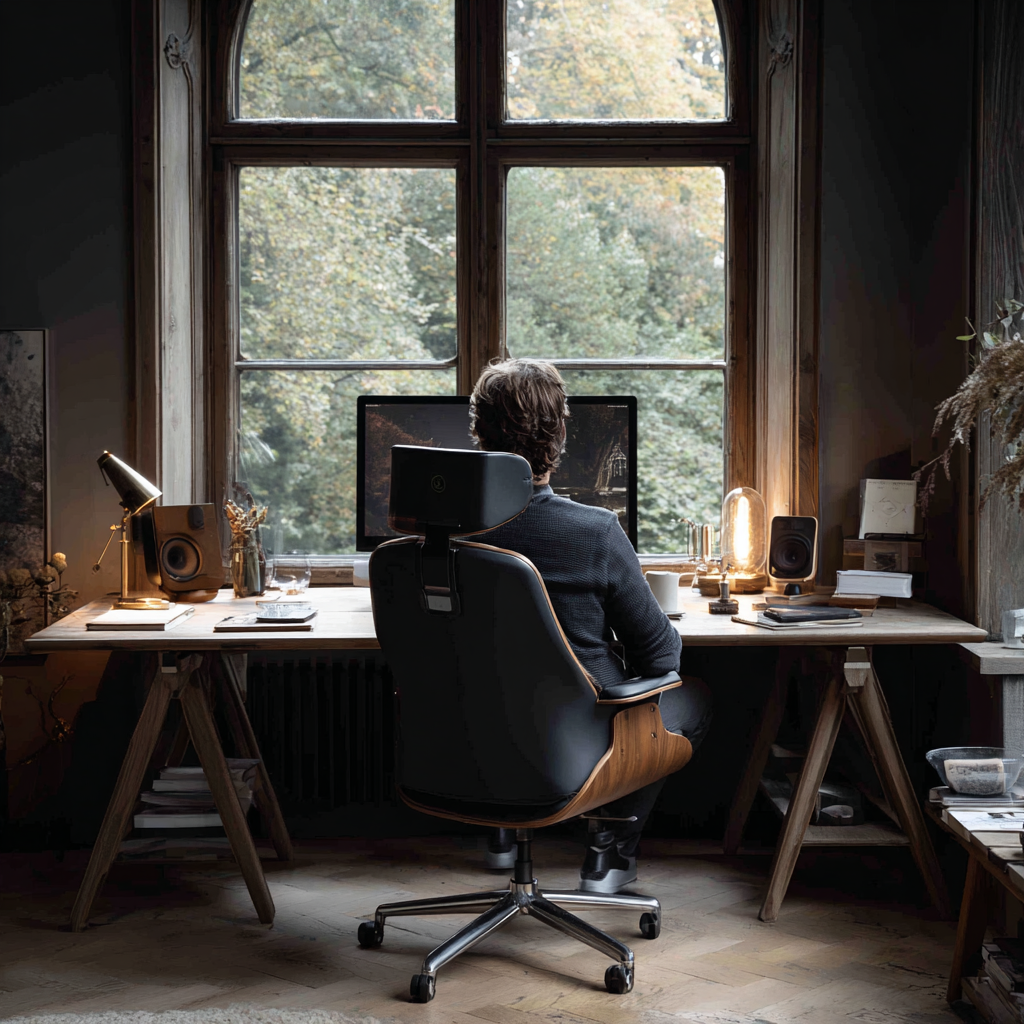 A modern home office setup with a professional seated comfortably