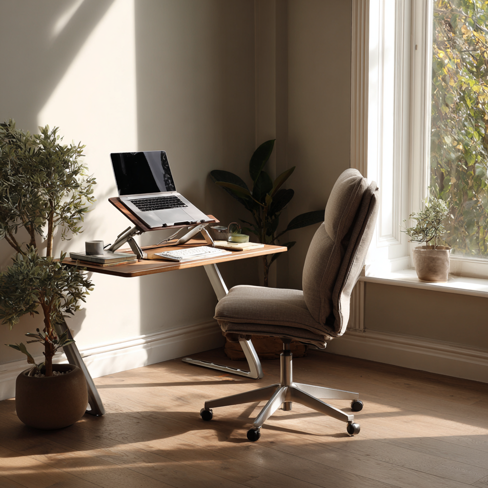 A clean desk with a laptop raised on an aluminium stand, ergonomic chair, small plant, and natural light streaming in