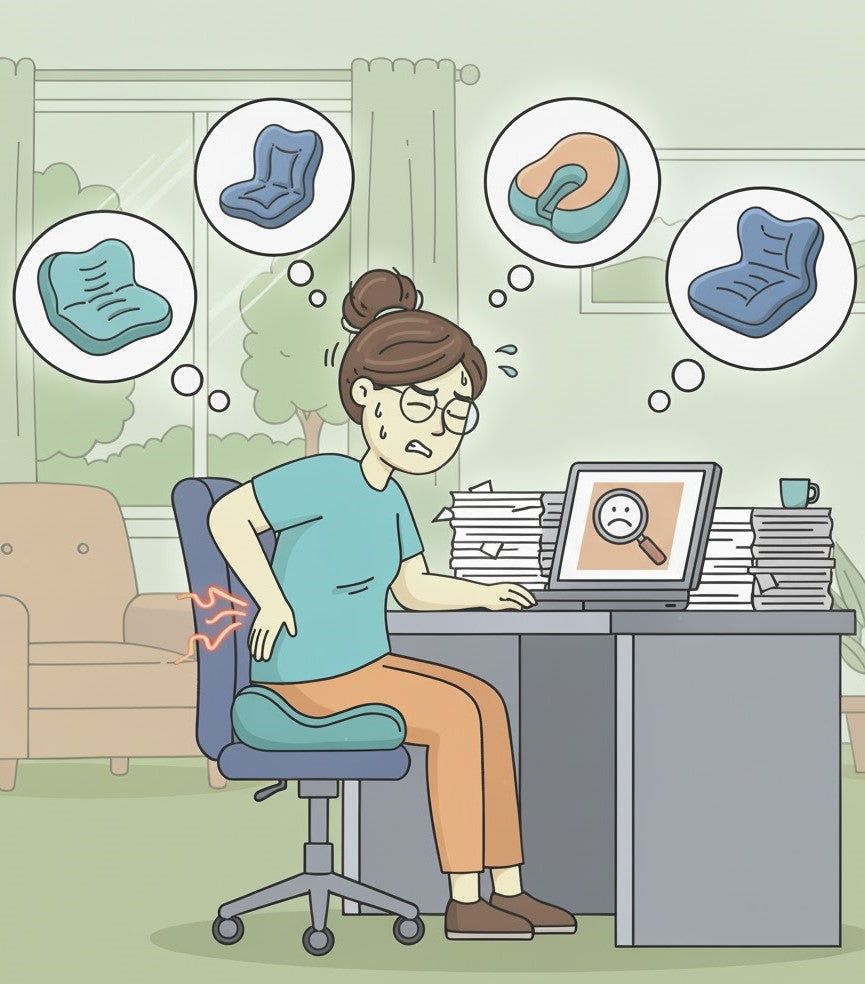 A woman with back pain sits at her desk, thinking about ergonomic cushions to ease discomfort while working on her laptop.