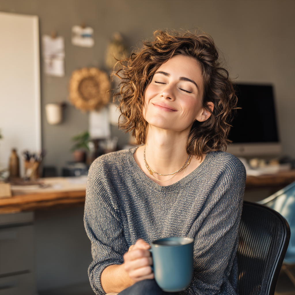 A relaxed home-office worker enjoys a moment of comfort with a warm drink, illustrating how ergonomic products can create a more supportive and stress-free workspace.