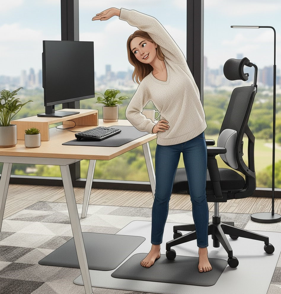 Relaxed home worker stretching at their desk to prevent back pain during the workday.