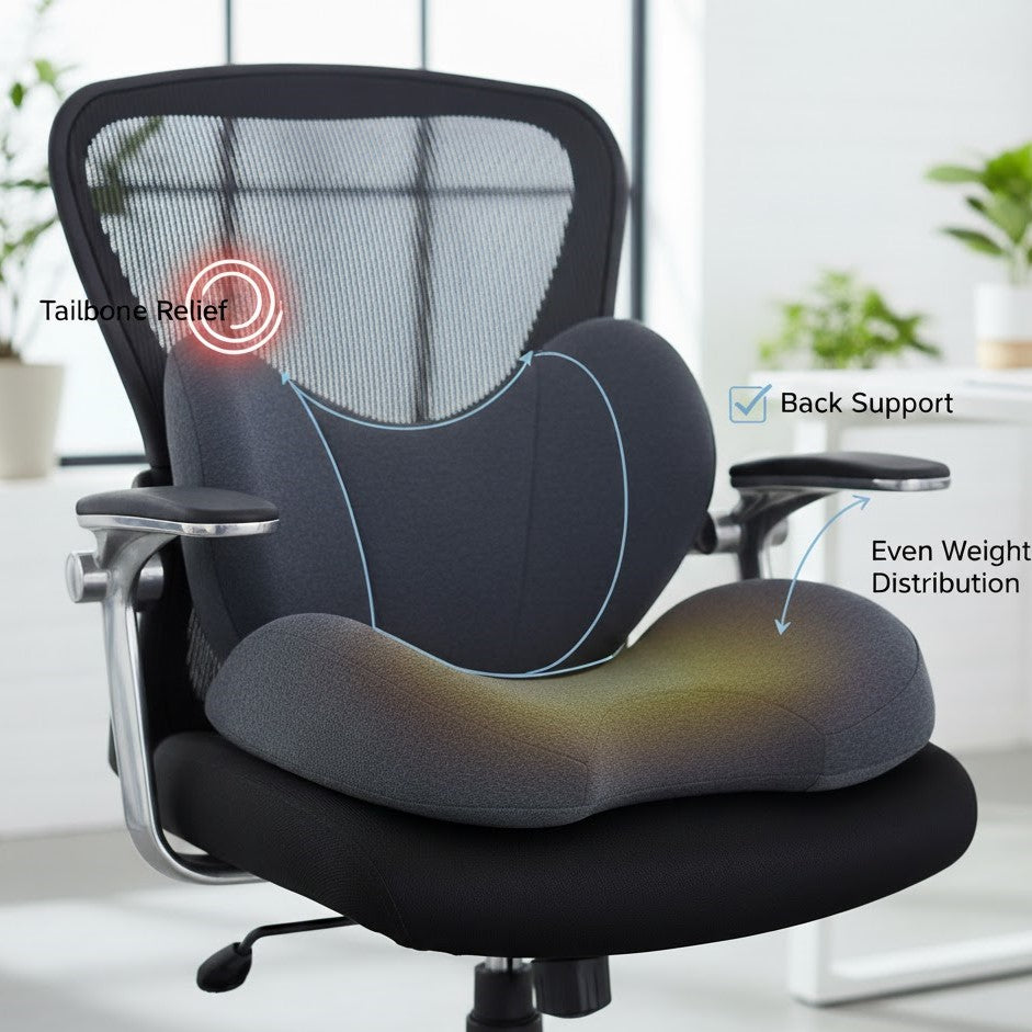 A supportive memory foam seat cushion on an office chair, highlighting its role in relieving back and tailbone discomfort.