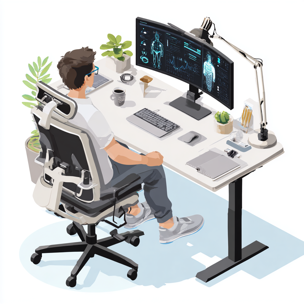 A modern ergonomic workspace showing a person seated with proper posture, using a supportive chair, aligned monitor, and organized desk setup.