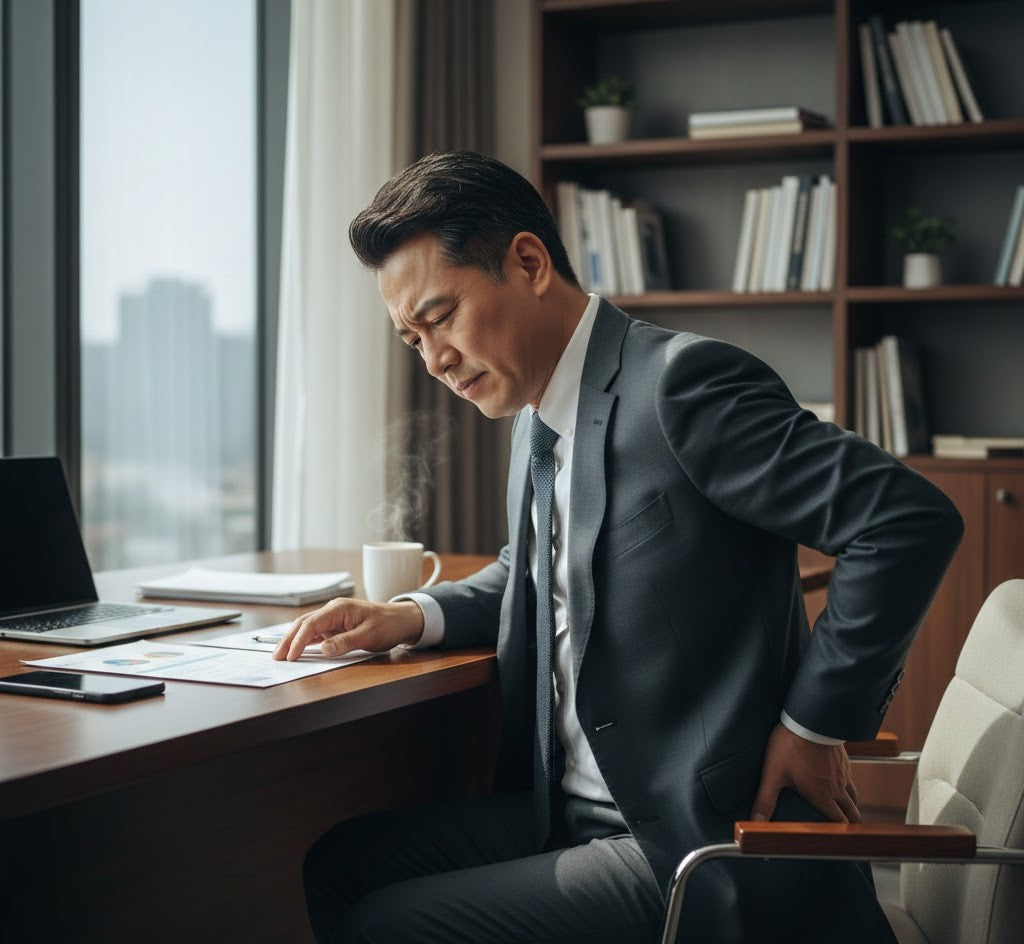 A professional adult seated at a desk, subtly adjusting posture, illustrating how sitting becomes more physically demanding and uncomfortable with age.