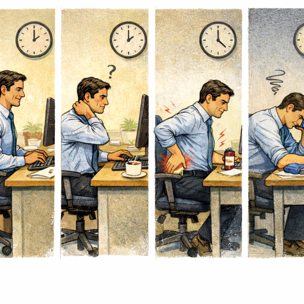 An editorial-style illustration of a desk worker shifting posture over time, with subtle visual cues showing discomfort building, to represent the difference between how long you sit and how well your body tolerates it.