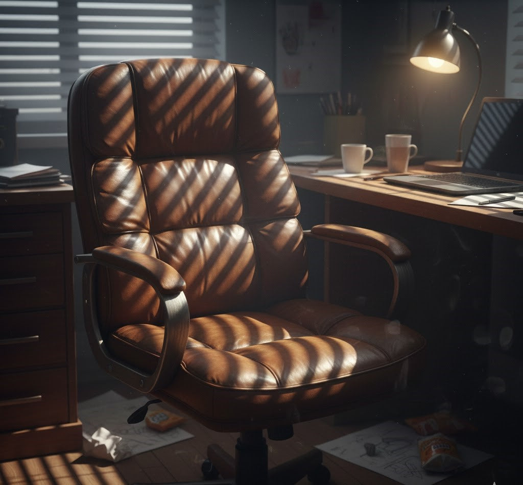 Light and shadow fall across a desk chair, evoking the unseen effects of long work hours on the body.
