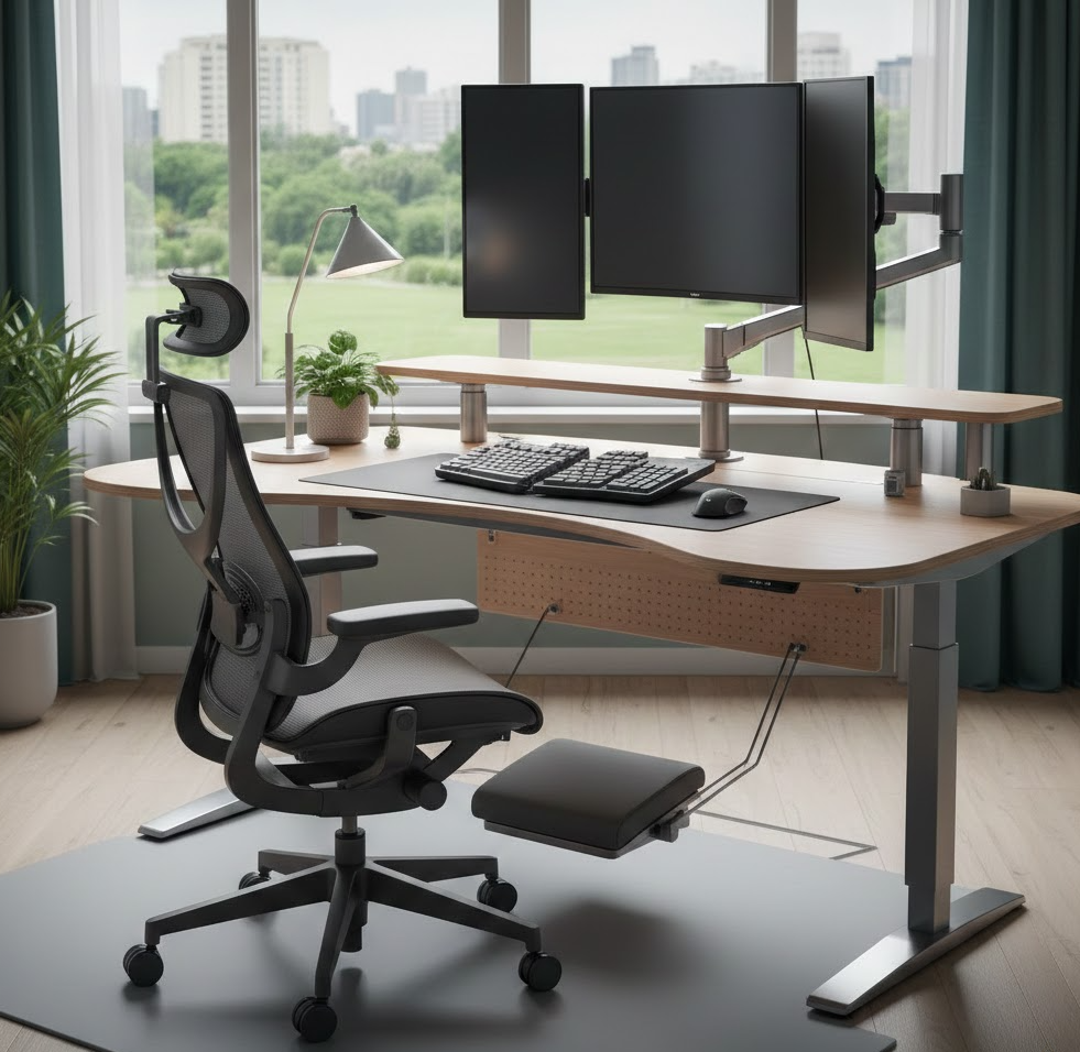 An ergonomic workspace designed to support healthy sitting angles and spinal comfort.