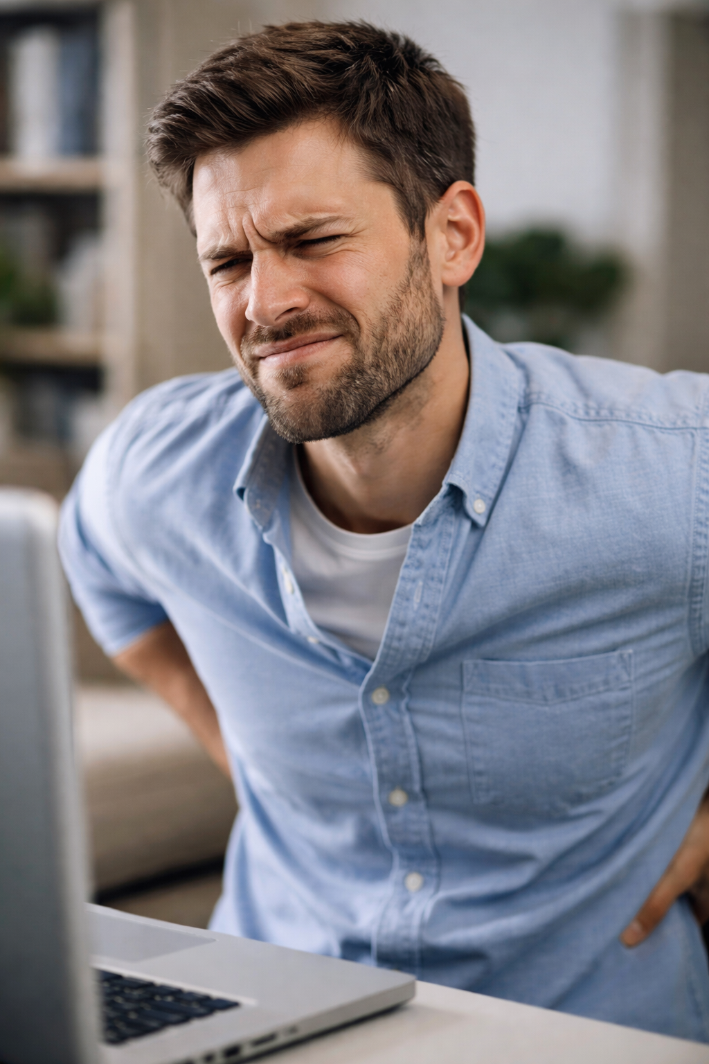 A realistic image that shows a close face with discomfort because of prolonged sitting.