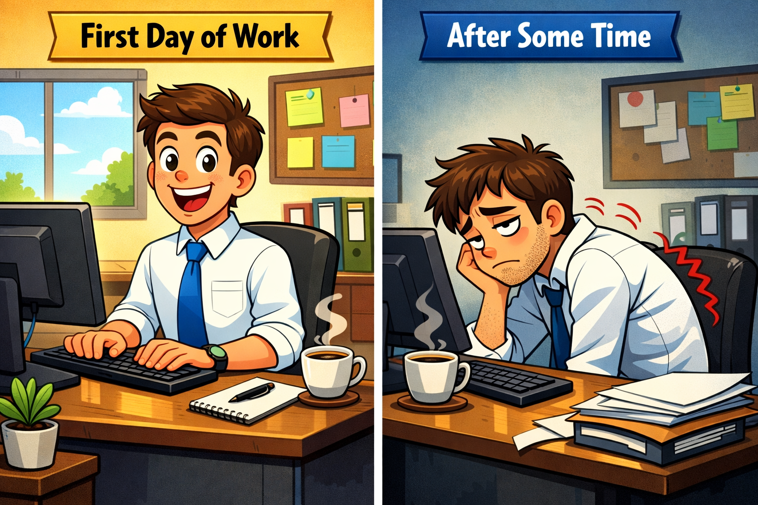 Side-by-side cartoon of an office worker sitting upright and smiling on the first day of work versus slumped over and exhausted later on, showing poor posture and back strain.