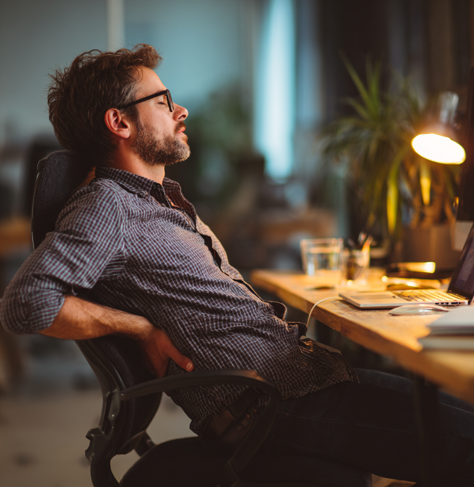 Professional working at a desk in a comfortable-looking chair, appearing relaxed while subtle visual cues suggest hidden lower back strain.