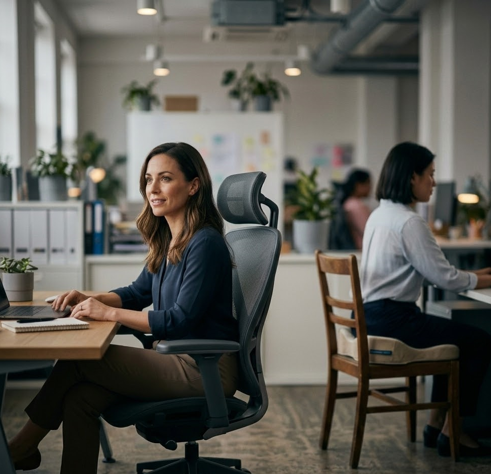 Workspace scene contrasting an ergonomic office chair with a standard chair using a supportive seat cushion.