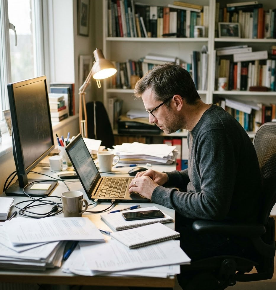 Professional working at a cluttered home office desk with rounded shoulders and forward head posture, illustrating common posture red flags.
