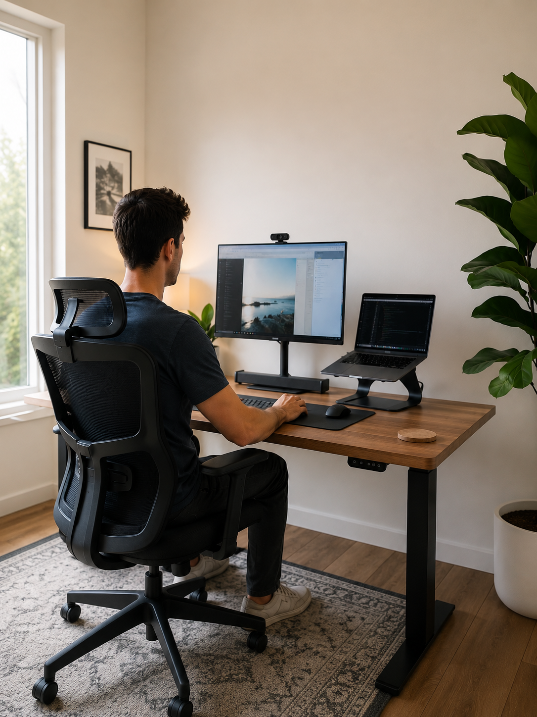 A modern minimalist home office featuring a clean desk, elevated laptop, ergonomic workstation setup, and a remote professional working comfortably in a bright, clutter-free space.