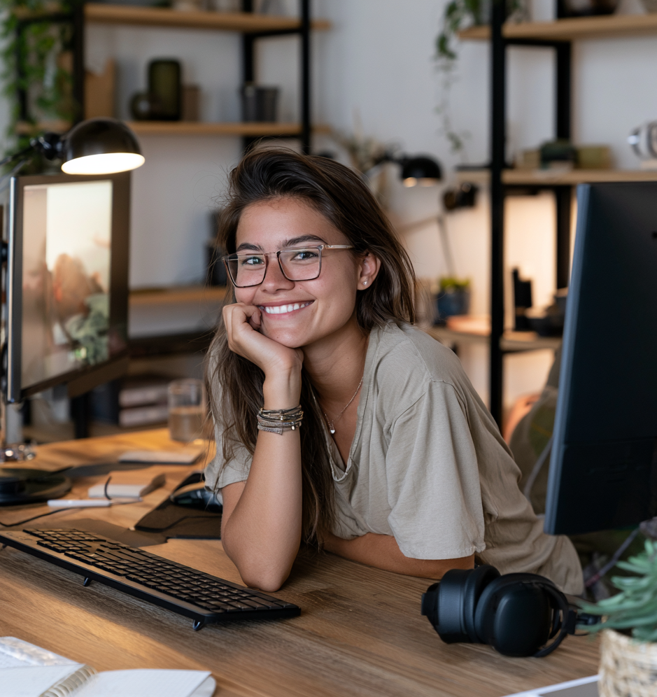 A remote worker smiling and focused at an ergonomic desk setup, reflecting the connection between physical comfort, posture support, and workplace performance.