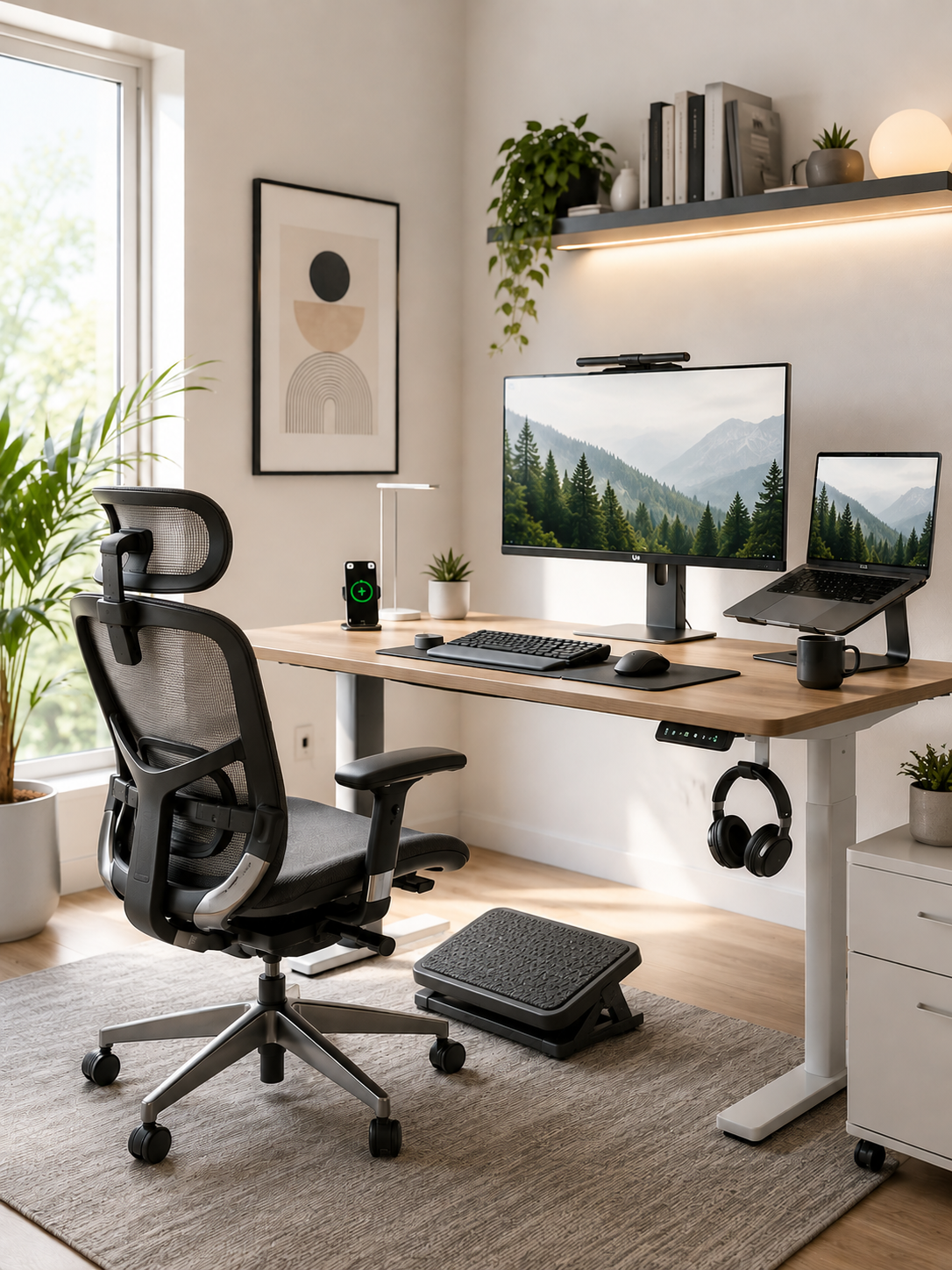 A bright, minimalist home office showcases an ergonomic workstation with smart technology, adjustable furniture, and ergonomic accessories designed to support comfort, posture, and productivity.
