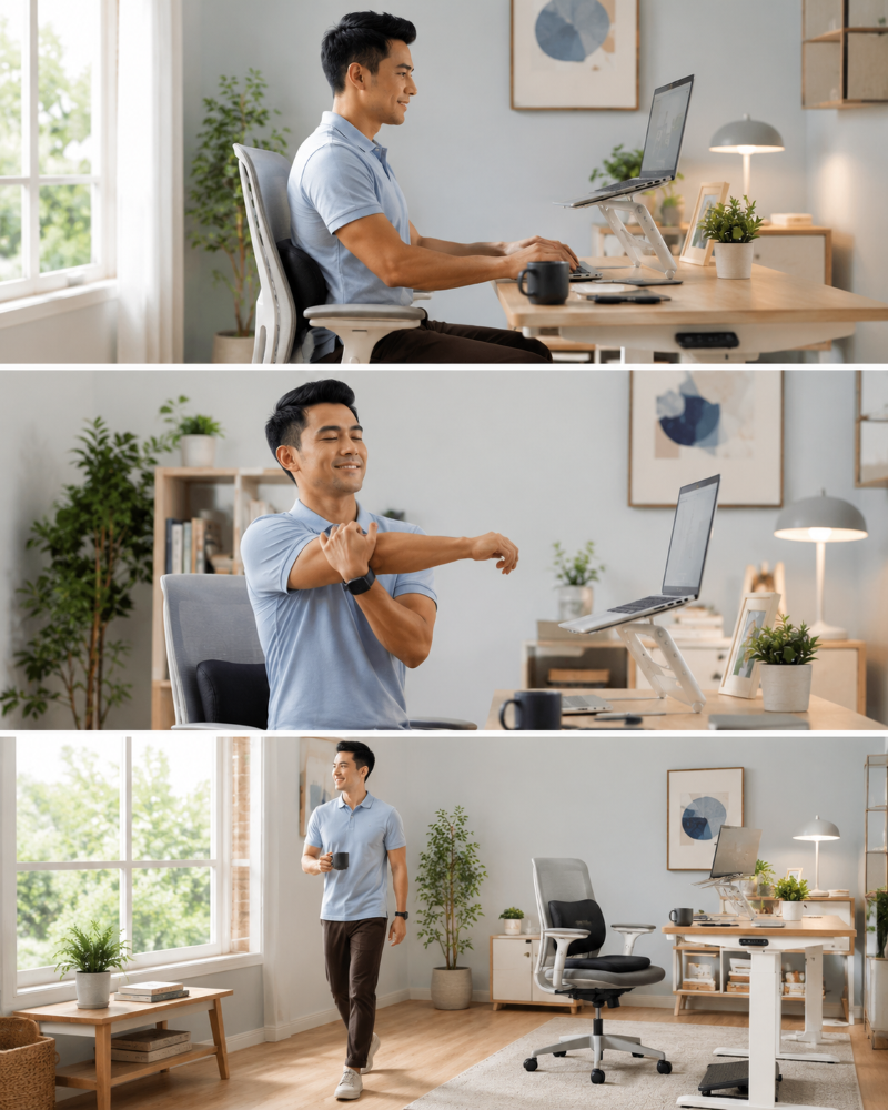 A three-panel image of a remote worker sitting with proper posture, stretching, and walking during the workday in a bright ergonomic home office.