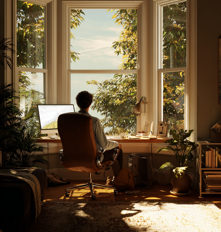 A calm afternoon workspace scene showing a professional working comfortably with ergonomic support and sustained concentration.