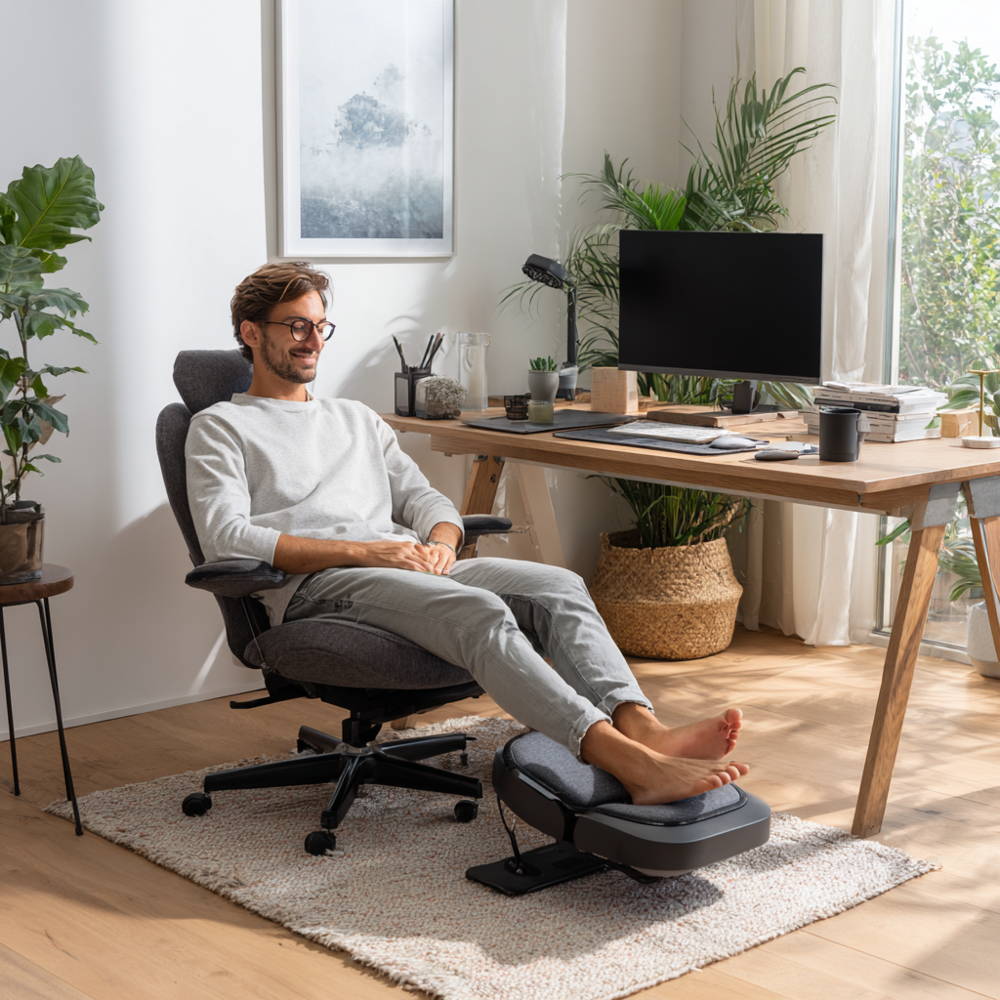 A user relaxing with their feet supported on an ergonomic footrest, showcasing improved comfort during daily desk work.