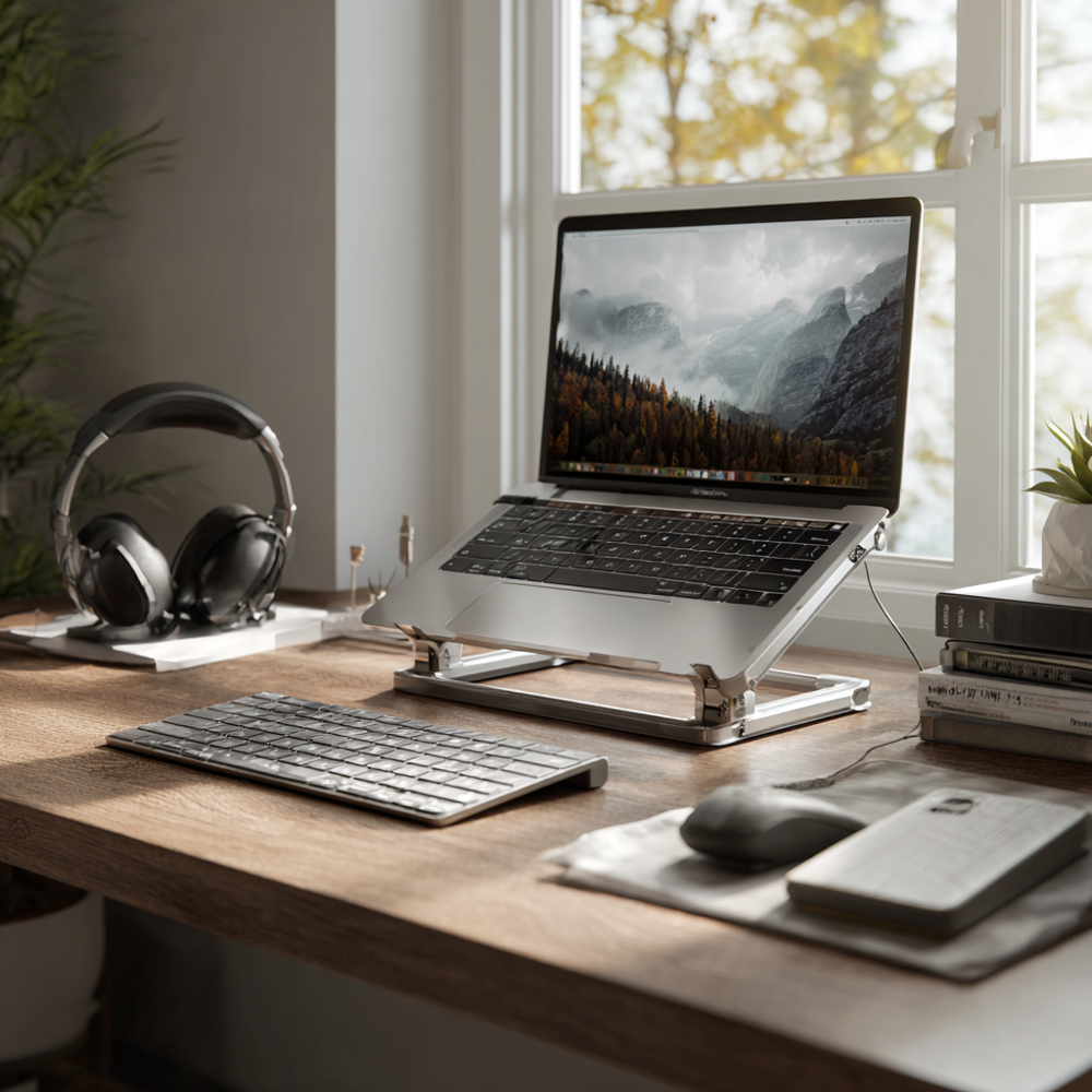 A clean, modern workspace featuring a laptop elevated on a sleek stand beside an external keyboard, illustrating proper ergonomic desk setup.