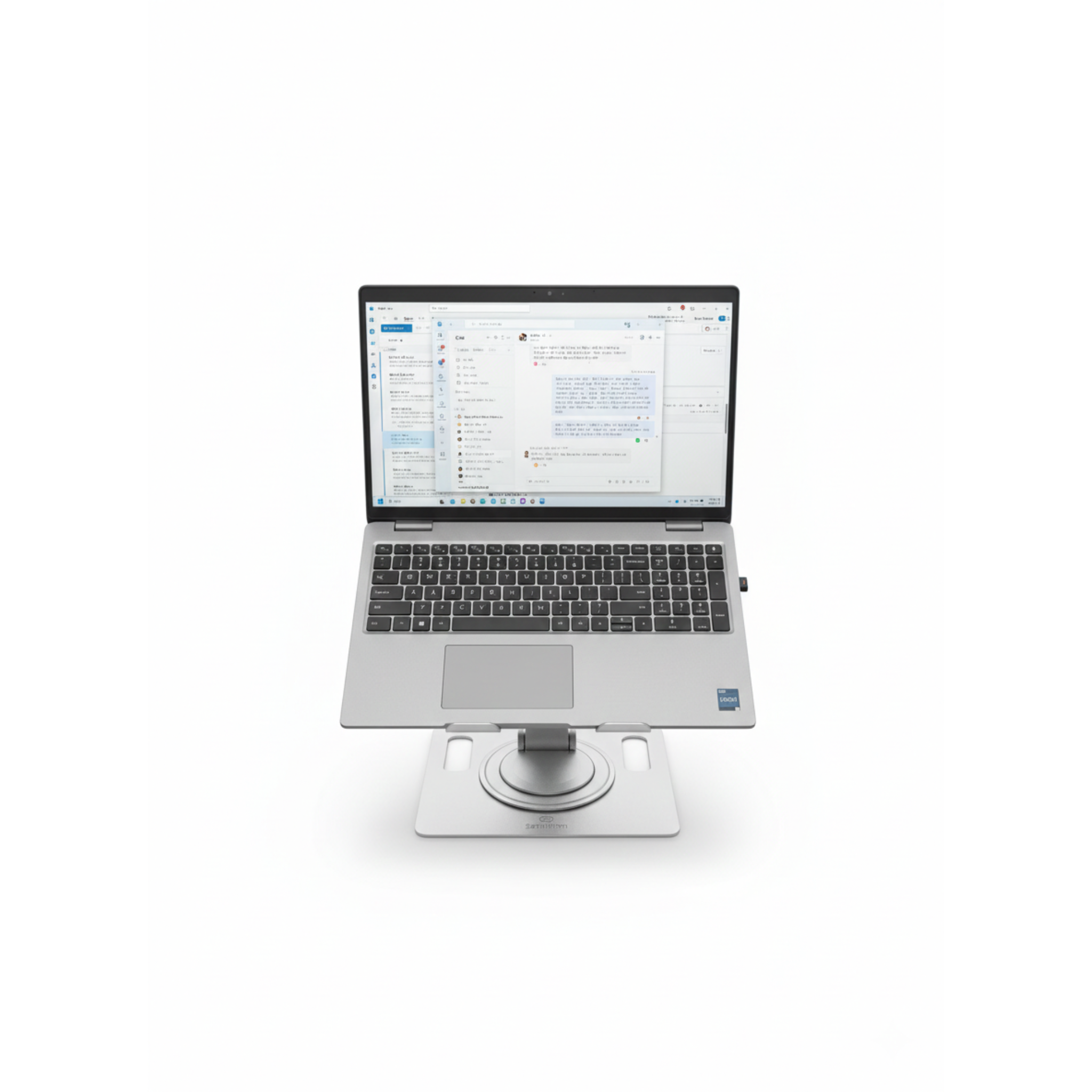 Laptop on laptop stand with a white background