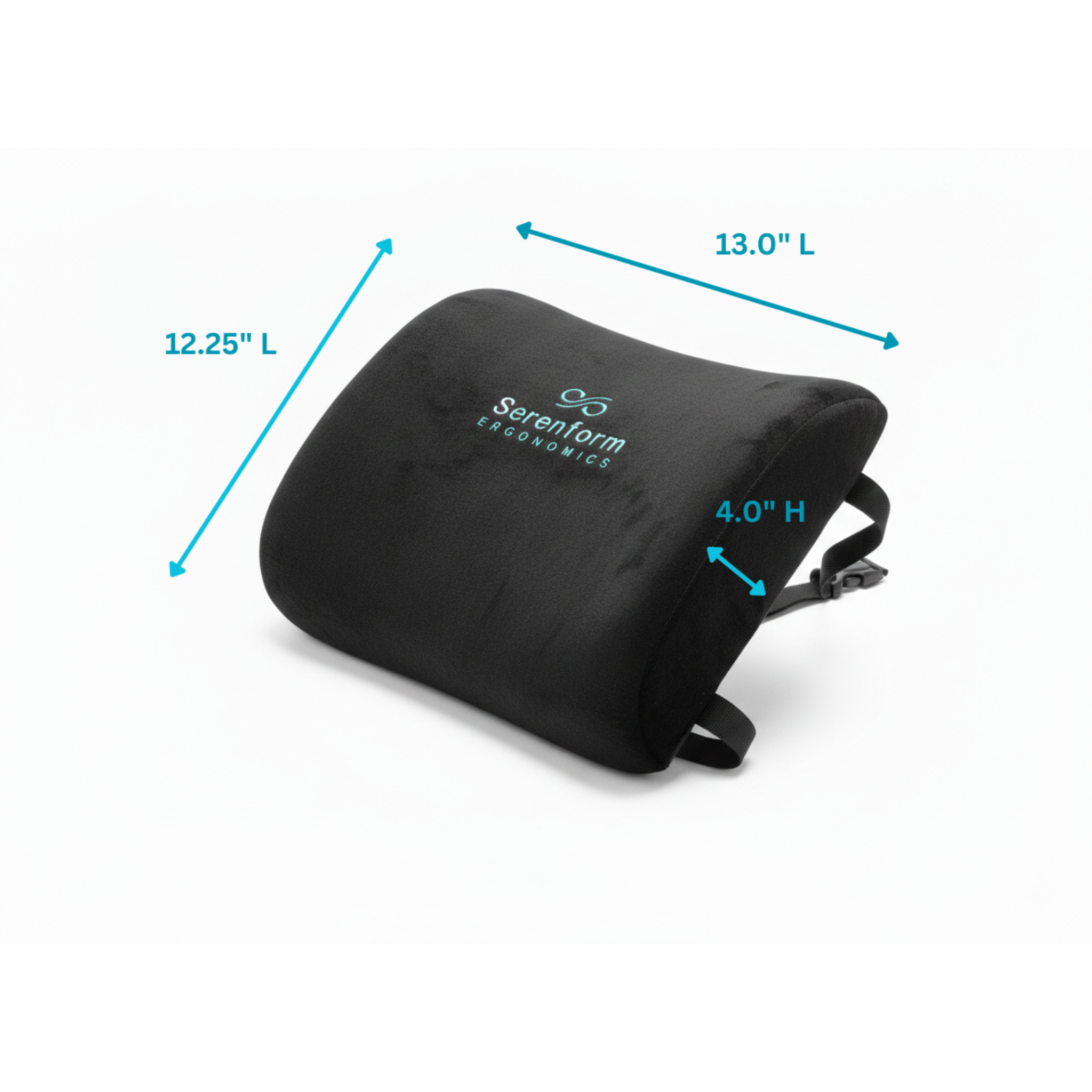 Black lumbar pillow with dimension measurements and 'Serenform Ergonomics' logo on a white background