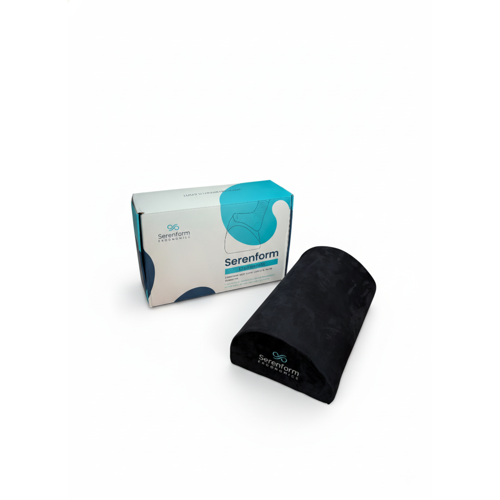 Black footrest and packaging with 'Serenform Ergonomics' branding on a white background