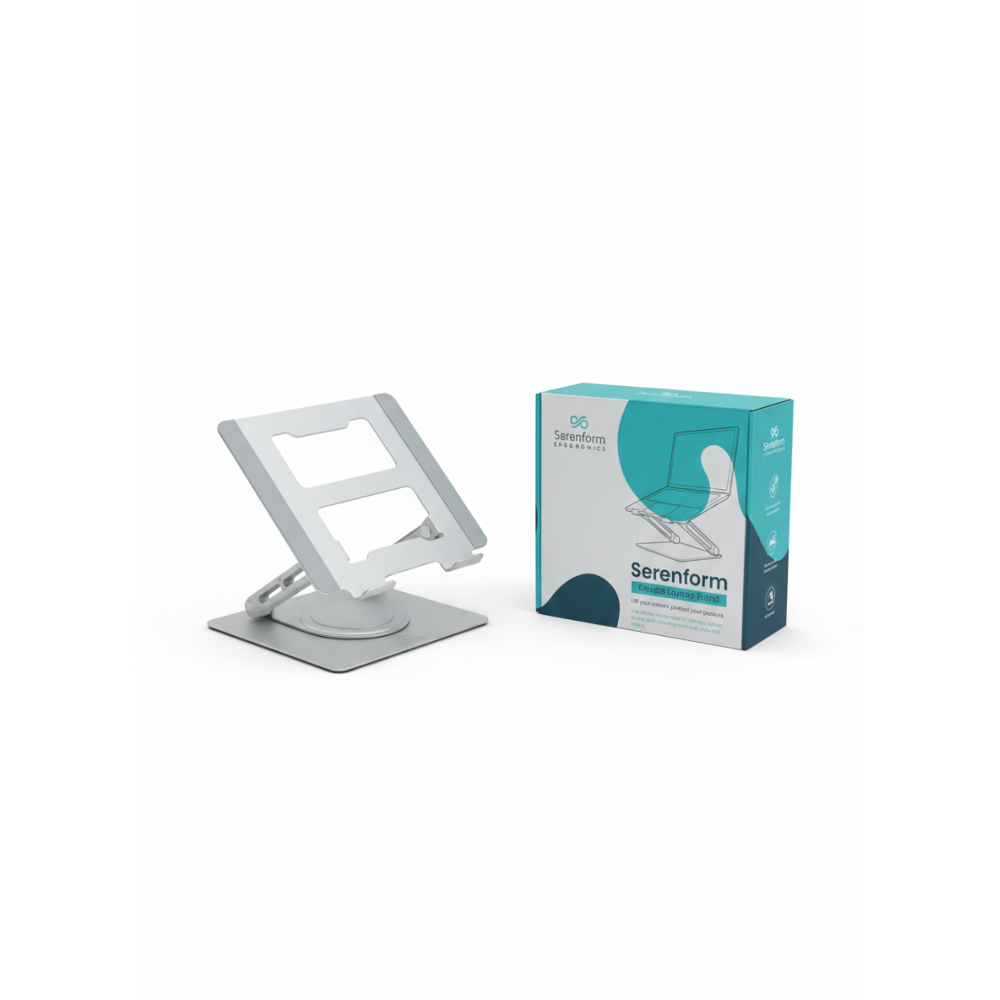Laptop stand next to its packaging with 'Serenform Ergonomics' branding on a white background