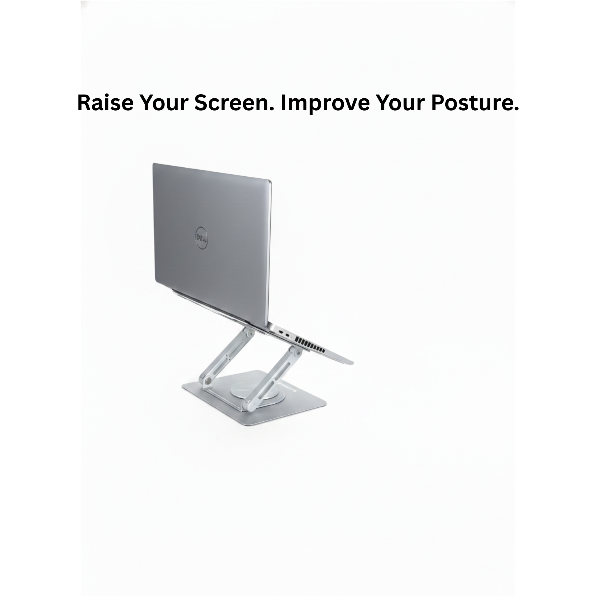 Laptop on Serenform Elevate Laptop Stand with text 'Raise Your Screen. Improve Your Posture.'