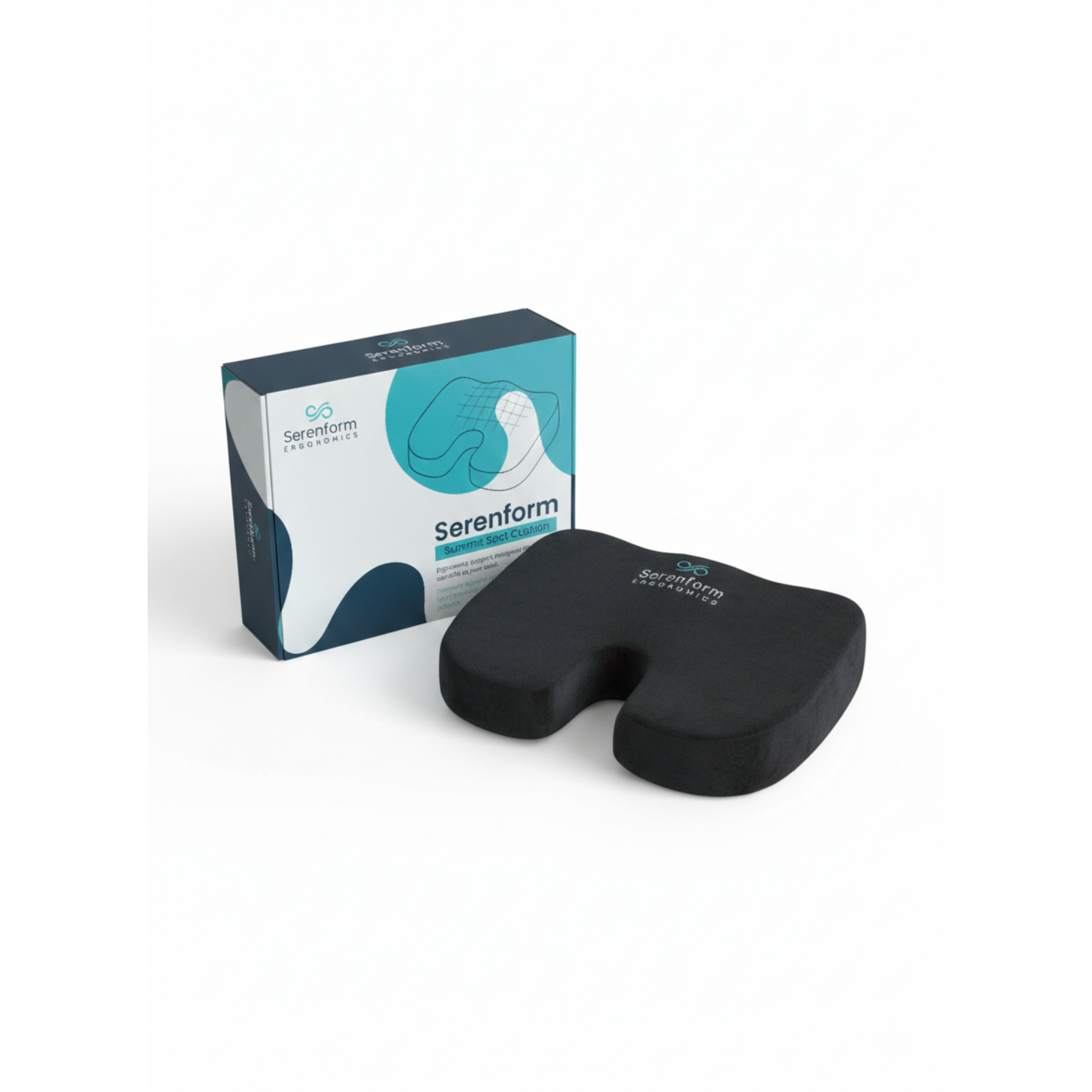 Black Serenform Ergonomics seat cushion with packaging on a white background