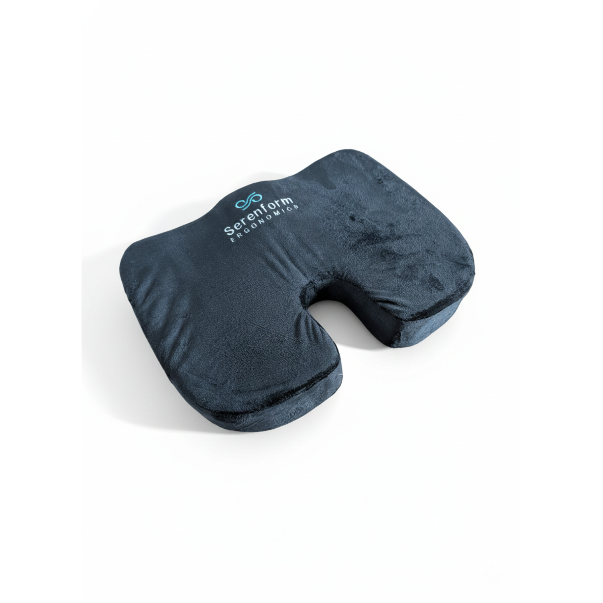 Gray memory foam pillow with 'Serenform' branding on a white background