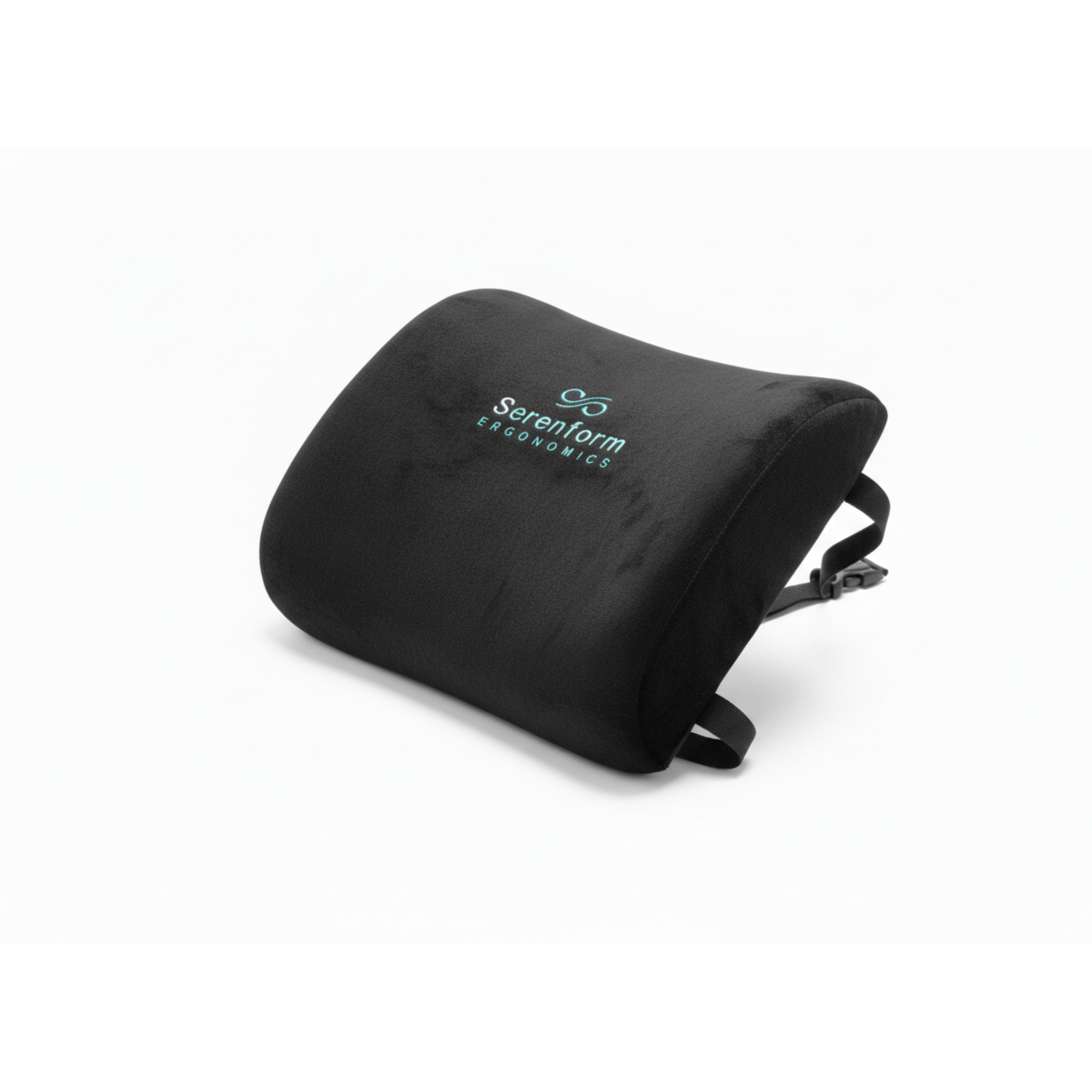 Black ergonomic lumbar pillow with 'Serenform Ergonomics' logo on a white background