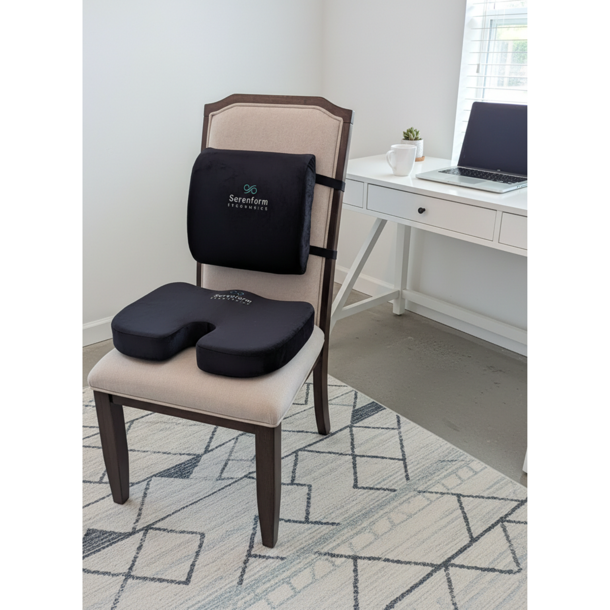 Lumbar support pillow and contoured seat cushion shown on a chair in a home office, helping improve posture and sitting comfort