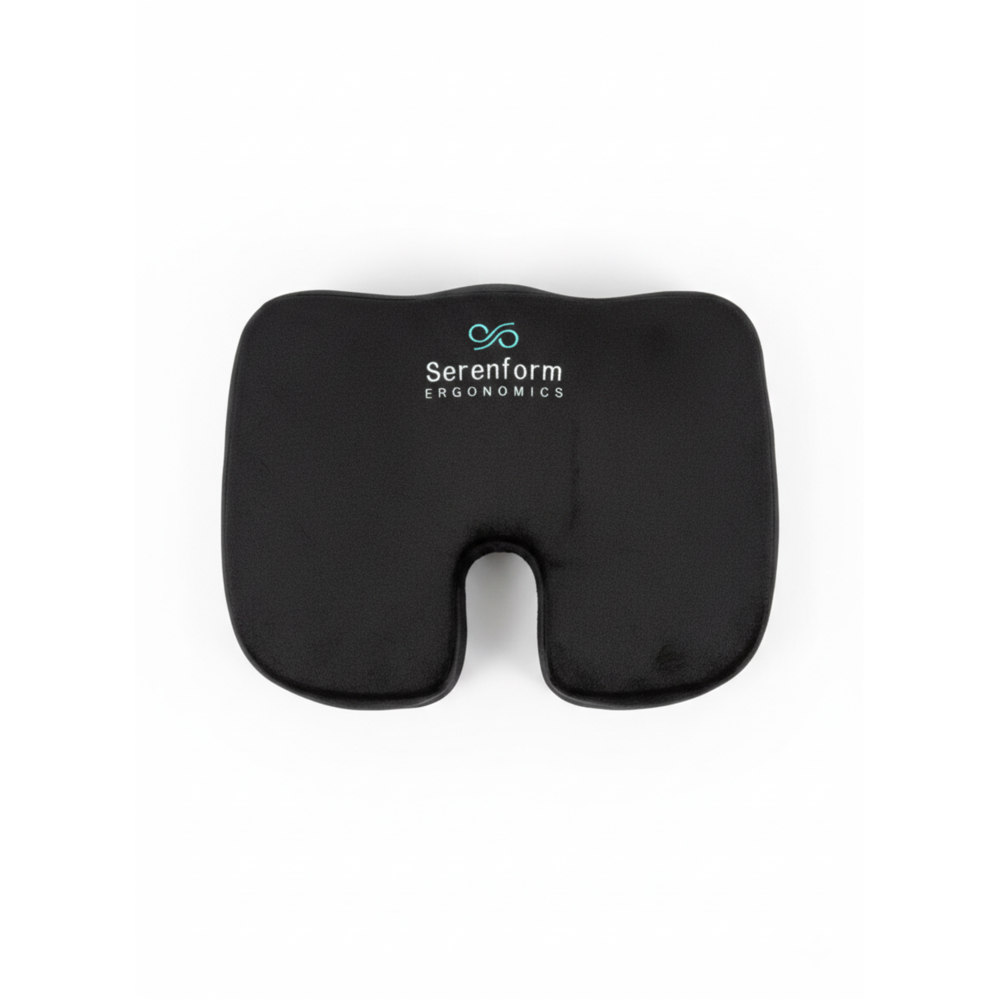 Black ergonomic seat cushion with 'Serenform Ergonomics' logo on a white background