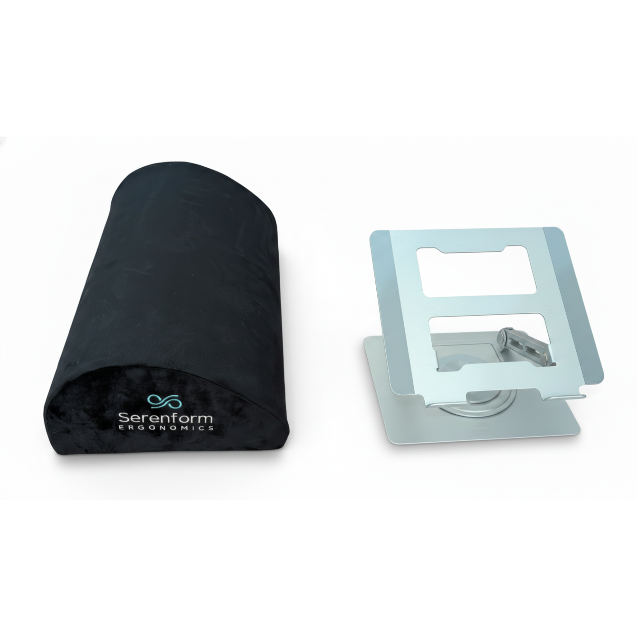 Ergonomic lumbar support pillow paired with an adjustable laptop stand to promote better posture and reduce neck and back strain