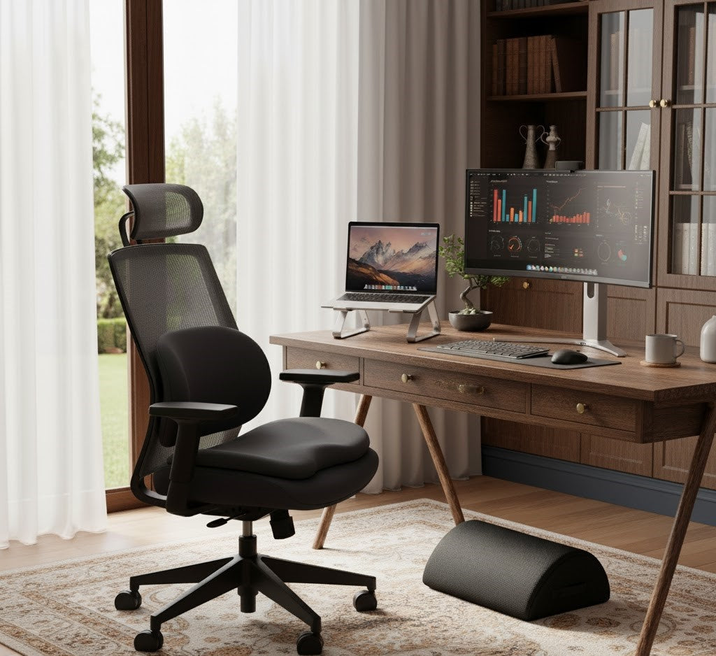 A stylish ergonomic office setup featuring a modern chair with a supportive seat cushion, symbolizing comfort, posture, and productivity