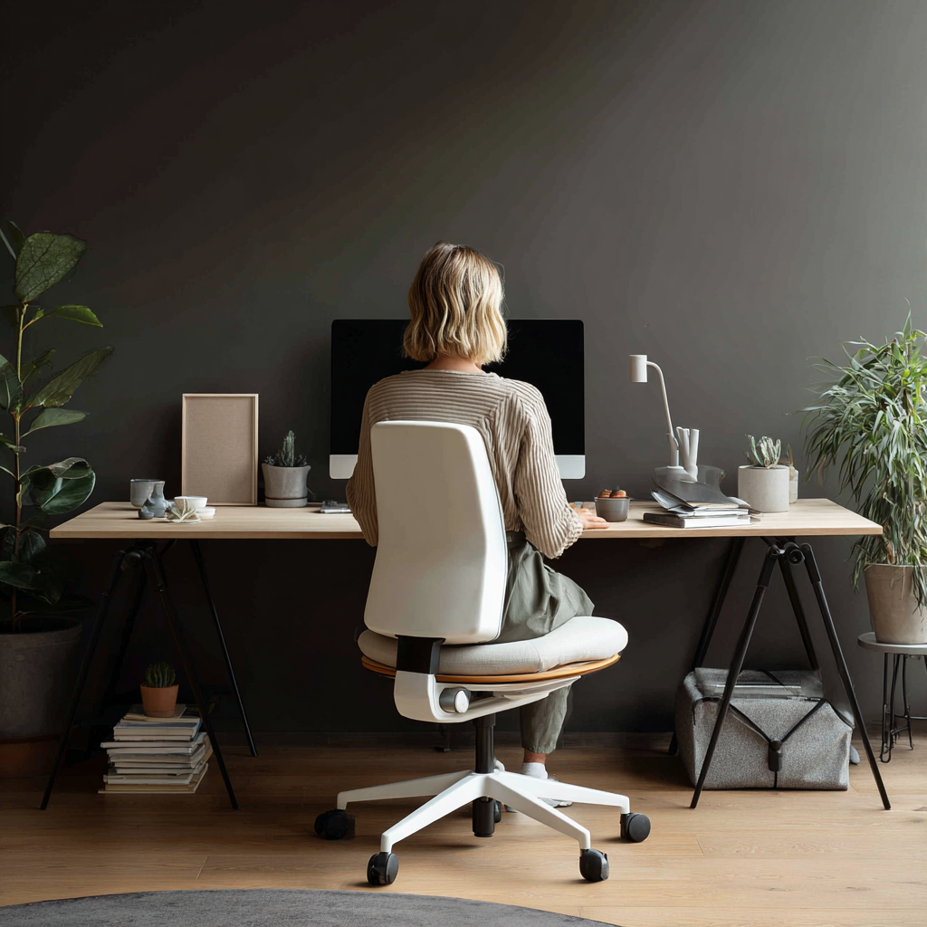 A modern, minimalist workspace featuring a professional seated on an ergonomic chair with a Serenform seat cushion, symbolizing comfort, alignment, and support.