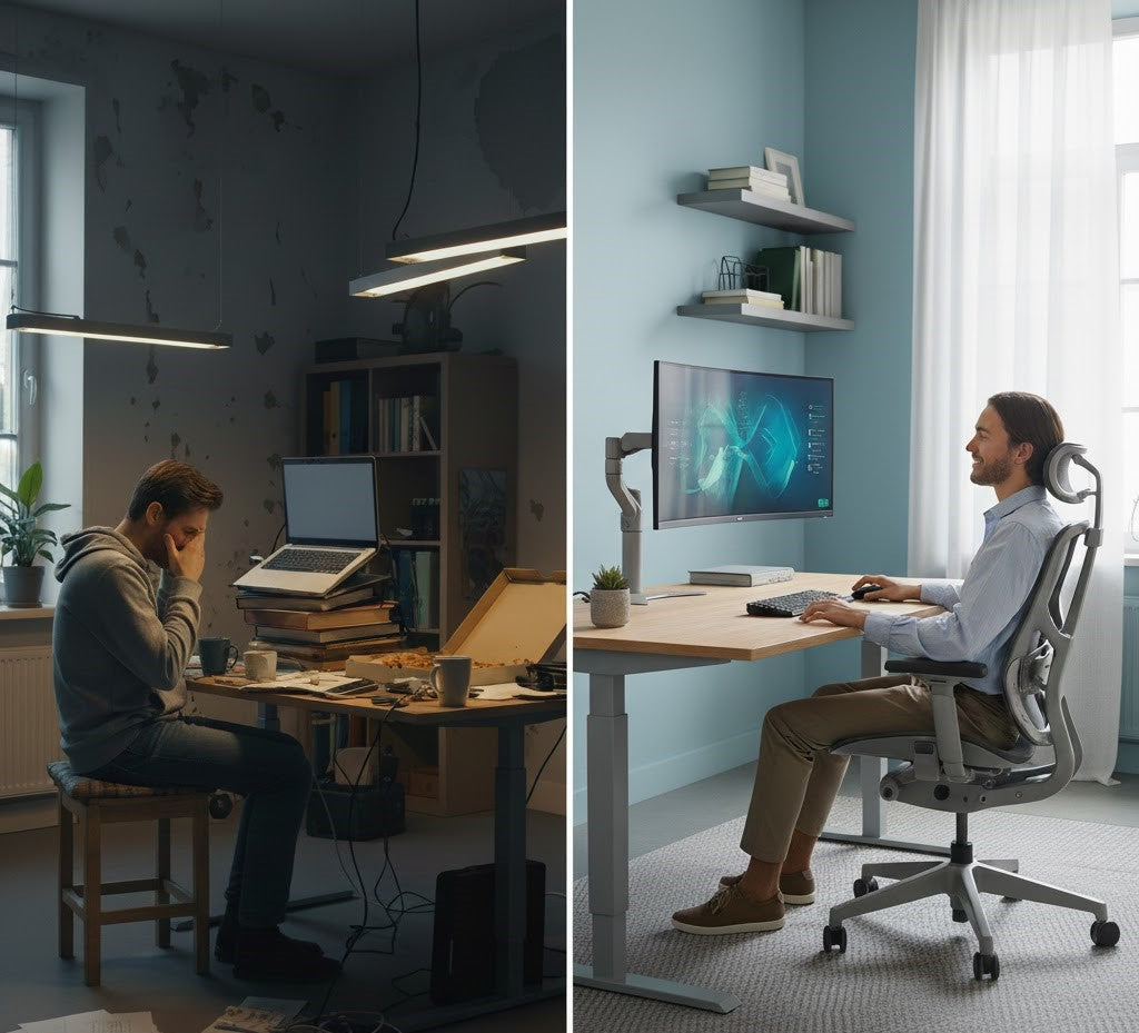 A split-screen showing a cluttered, uncomfortable setup contrasted with a sleek ergonomic workstation.