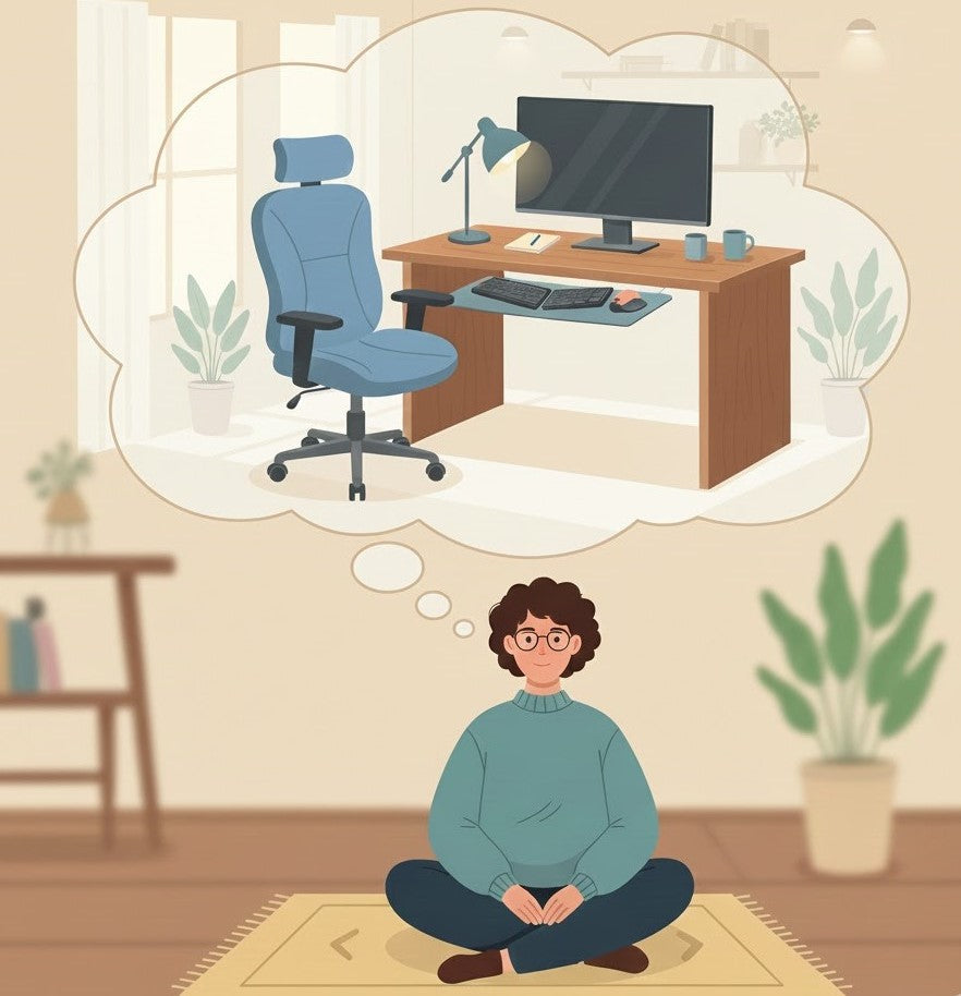 Illustration of a person imagining an ideal ergonomic home office setup, shown inside a cloud-shaped thought bubble above their head.