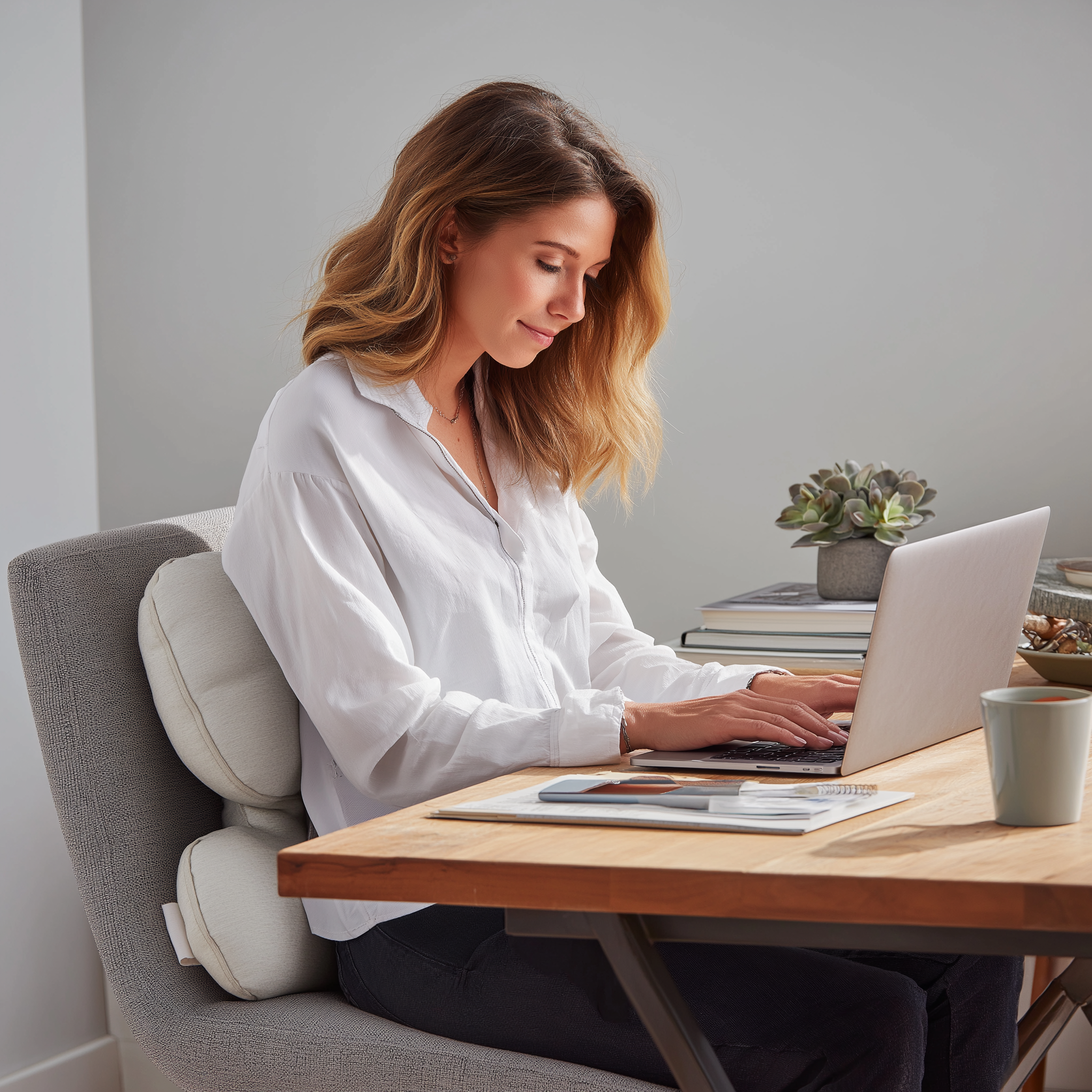 A woman typing at her laptop while supported by a contoured lumbar cushion for improved neck and shoulder comfort.
