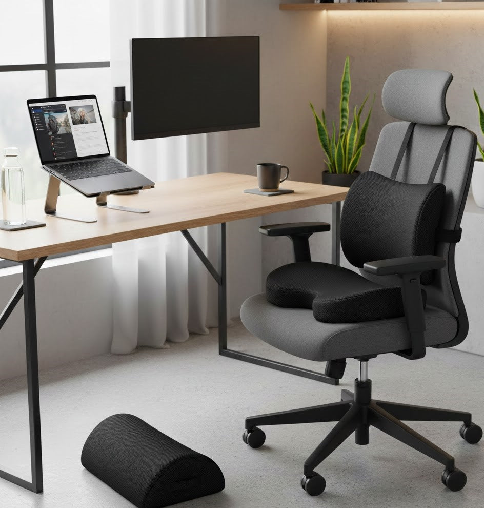 A clean, modern workspace featuring a coordinated ergonomic bundle—seat cushion, lumbar pillow, and footrest—arranged to visually convey comfort, alignment, and smart investment.