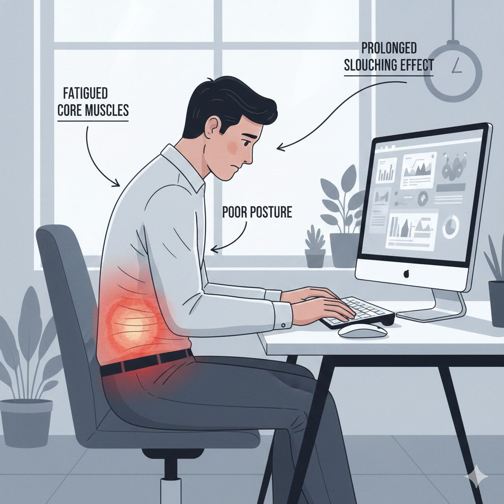 A side-view graphic of a seated desk worker with stressed abdominal muscles highlighted to show core fatigue caused by poor posture.