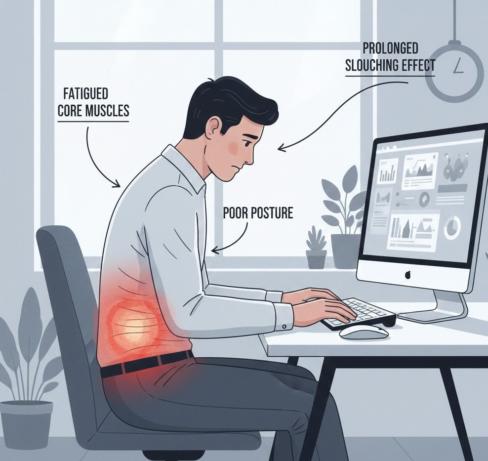 A side-view graphic of a seated desk worker with stressed abdominal muscles highlighted to show core fatigue caused by poor posture.