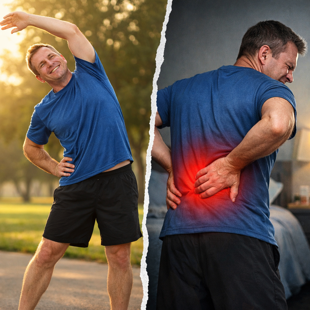 A split-scene image showing someone stretching on one side and persistent back pain on the other, emphasizing the disconnect between stretching and real recovery.