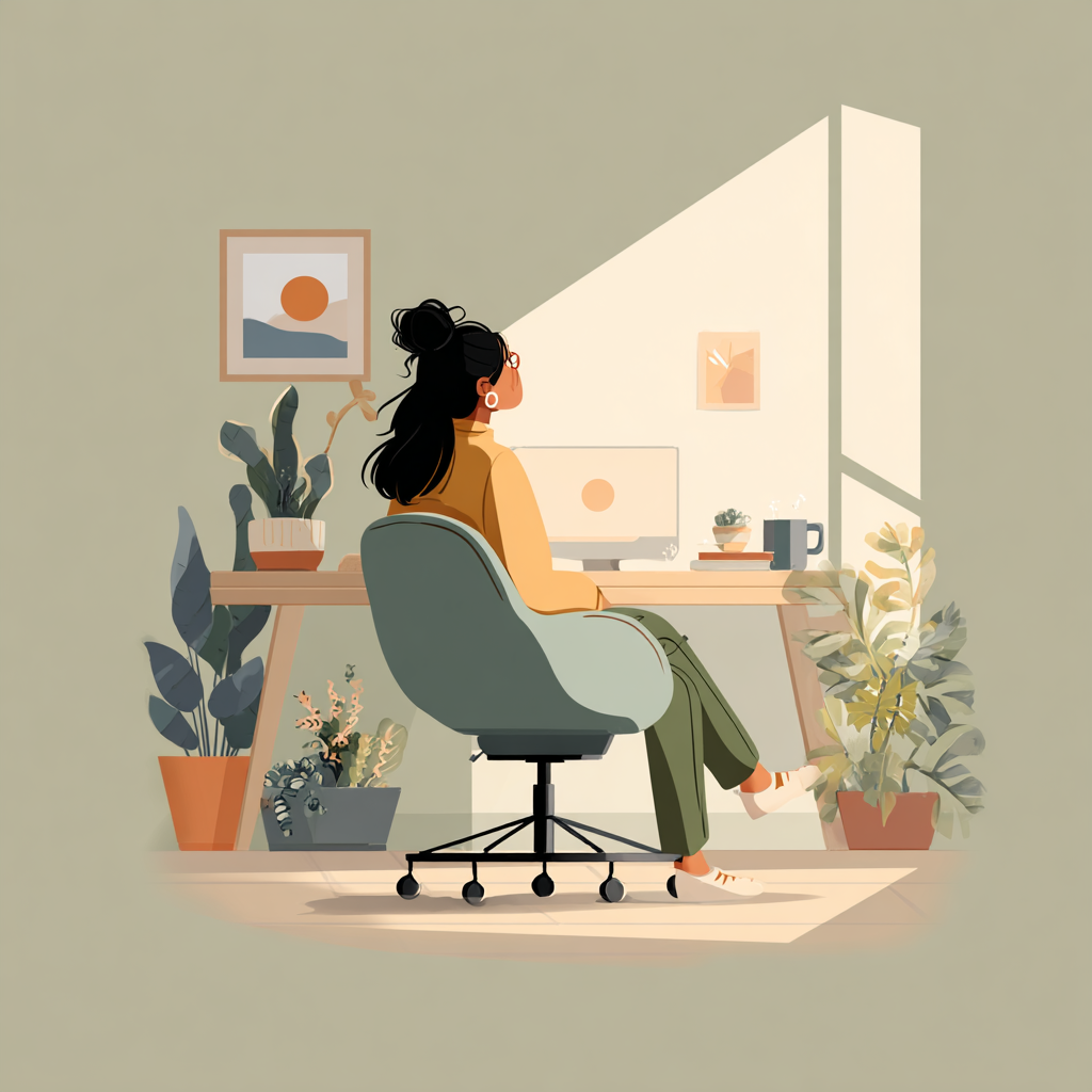 A calm, well-lit home office scene showing a person seated comfortably at a desk with relaxed posture and supportive ergonomic elements in place.