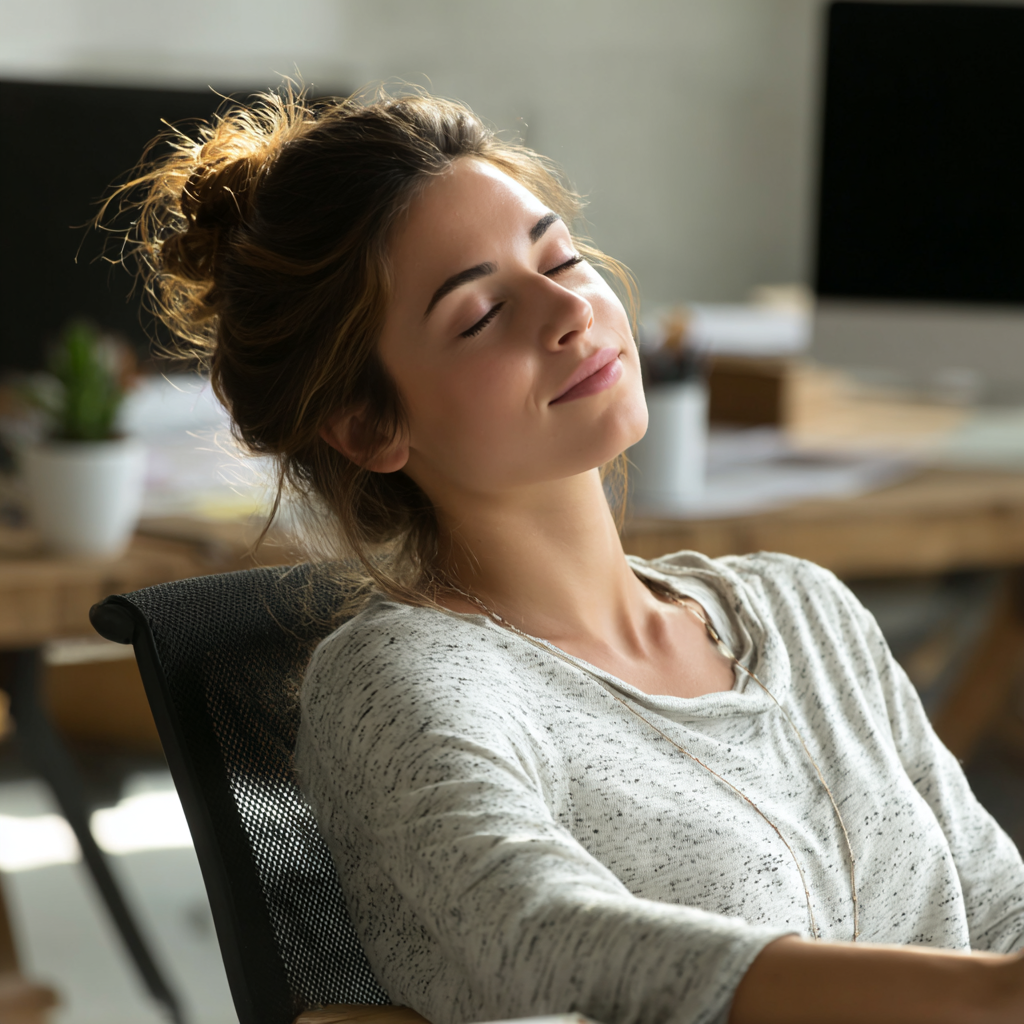 Person leaning back in an office chair with eyes closed and a relaxed smile, taking a quiet break at a desk in a bright workspace.
