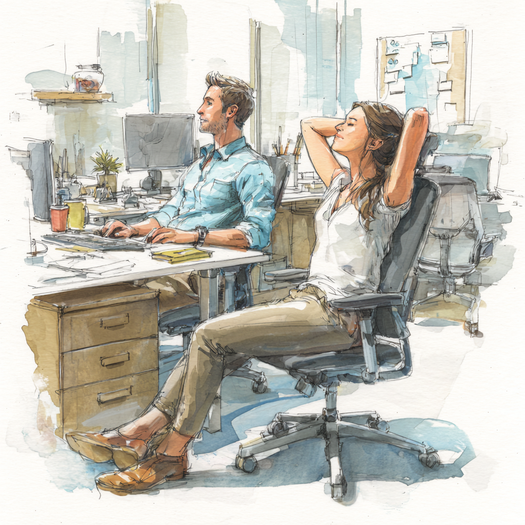 An office scene showing relaxed posture subtly communicates the value of comprehensive ergonomic support.