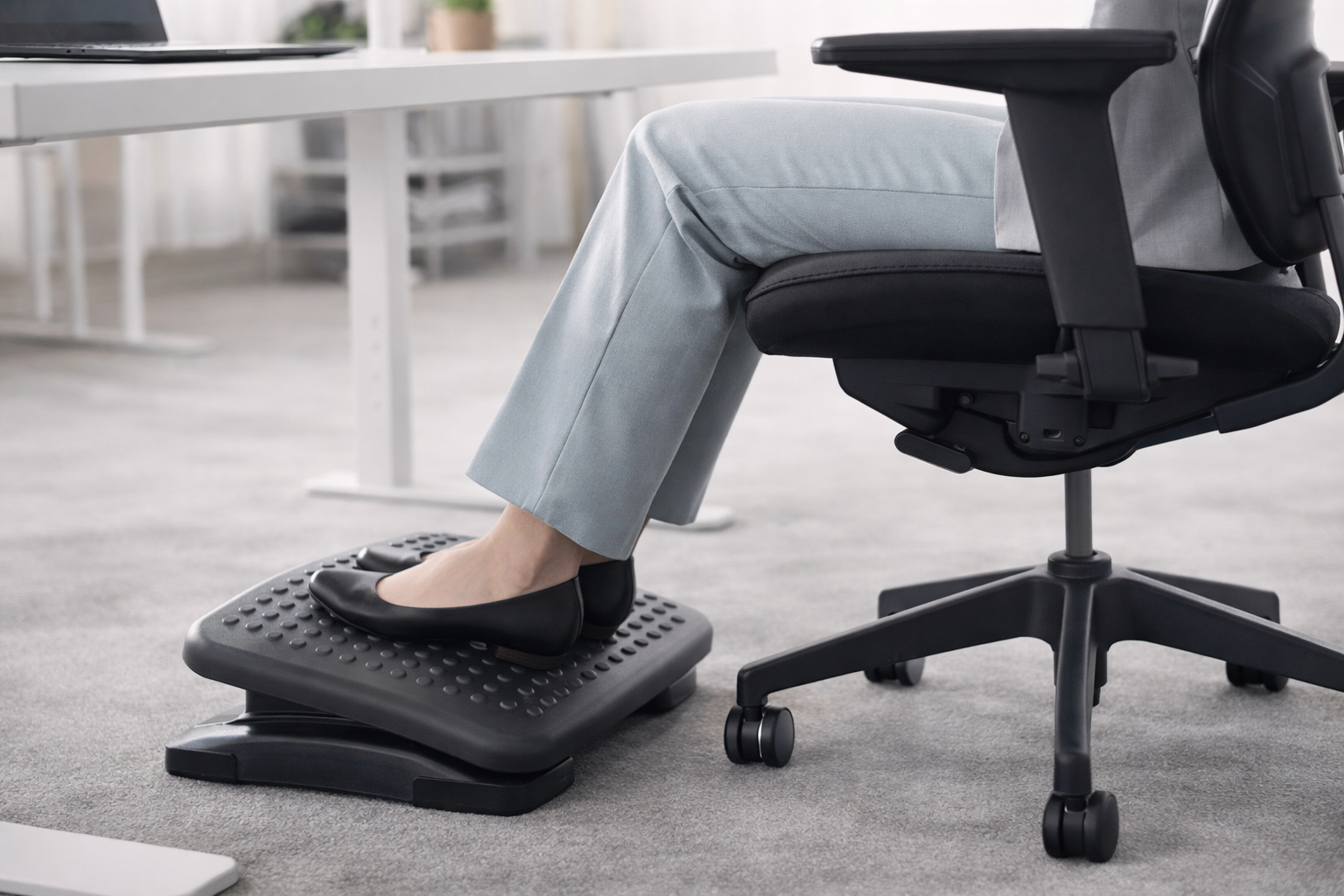A clean visual emphasizing the often-overlooked role of foot support in ergonomic seating.