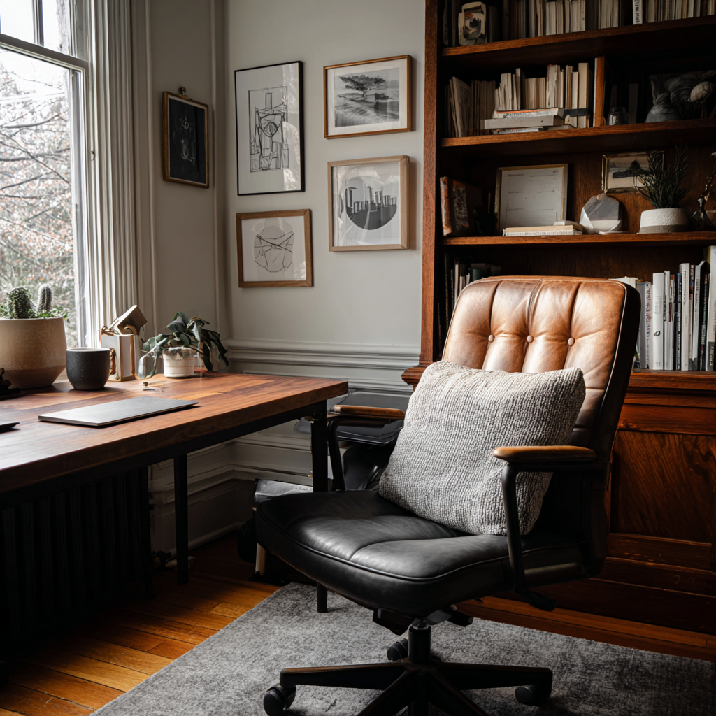 A thoughtfully arranged workspace suggests that comfort comes from support, not just a better chair.