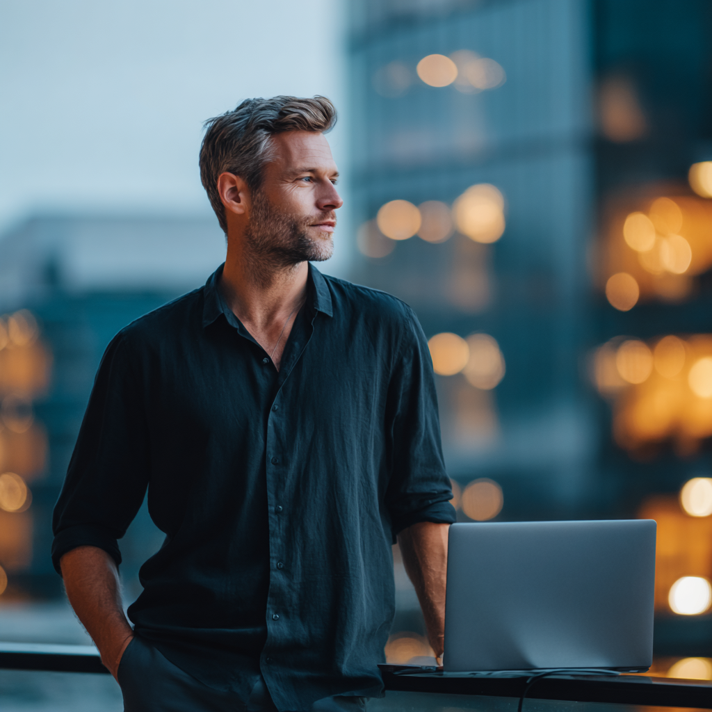 A professional man stands beside an open laptop, looking thoughtfully into the distance with blurred city lights in the background.