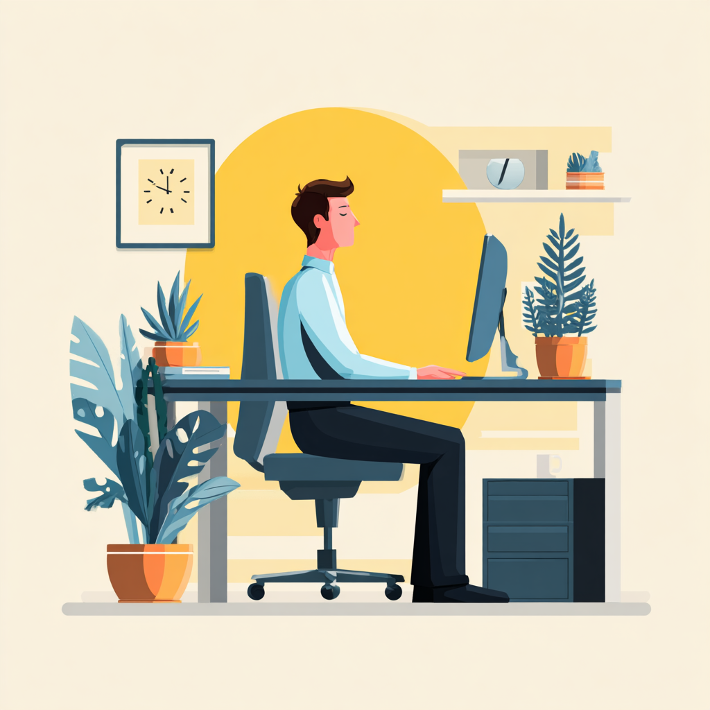 A modern office workspace showing a desk worker adjusting posture while seated, representing awareness of desk habits that affect back health.